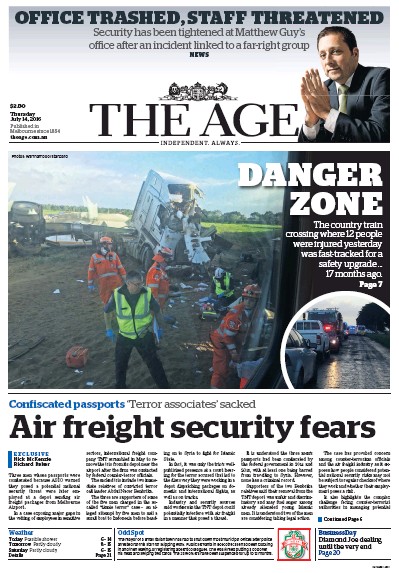 The Age (Australia) Newspaper Front Page for 14 July 2016