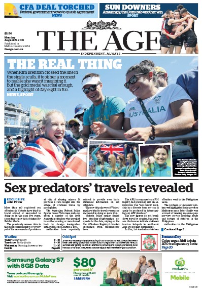 The Age (Australia) Newspaper Front Page for 15 August 2016