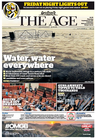 The Age (Australia) Newspaper Front Page for 15 September 2016