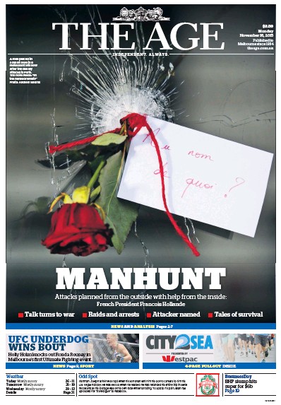 The Age (Australia) Newspaper Front Page for 16 November 2015