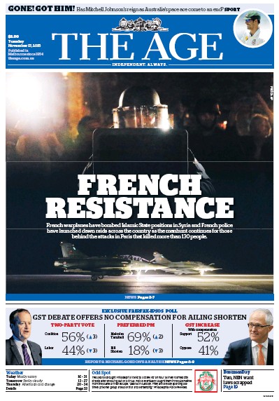 The Age (Australia) Newspaper Front Page for 17 November 2015