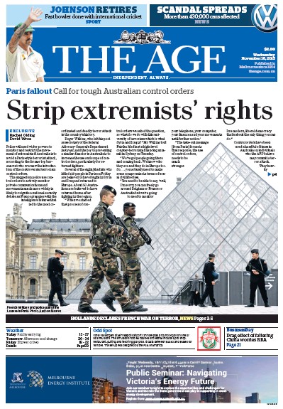 The Age (Australia) Newspaper Front Page for 18 November 2015