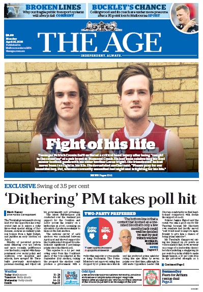 The Age (Australia) Newspaper Front Page for 18 April 2016