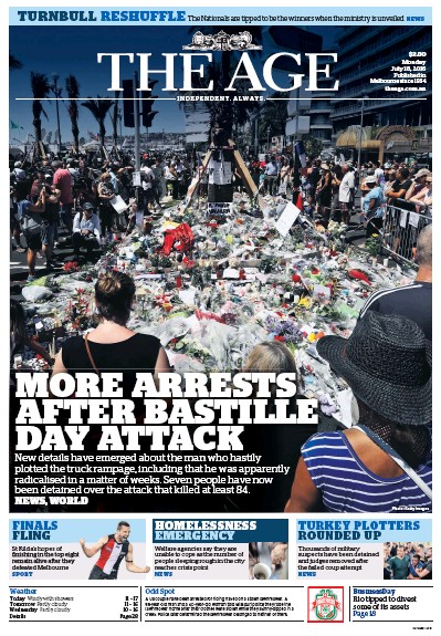 The Age (Australia) Newspaper Front Page for 18 July 2016