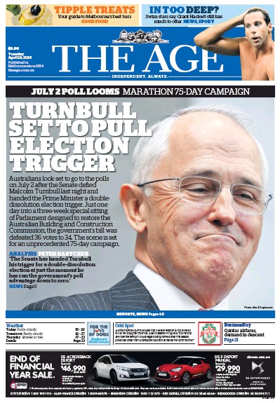 The Age (Australia) Newspaper Front Page for 19 April 2016