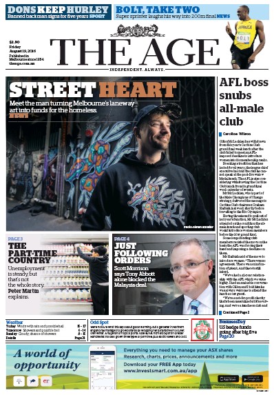 The Age (Australia) Newspaper Front Page for 19 August 2016