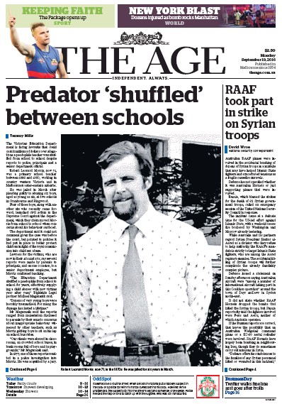 The Age (Australia) Newspaper Front Page for 19 September 2016