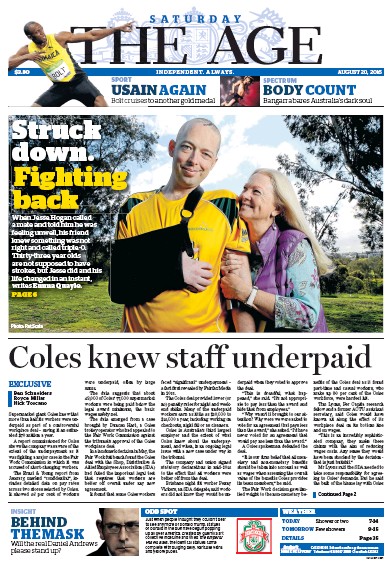 The Age (Australia) Newspaper Front Page for 20 August 2016
