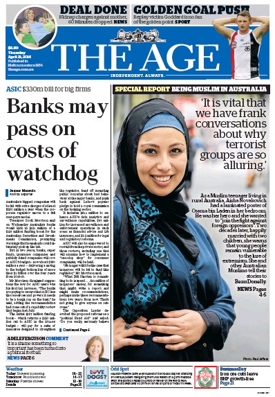 The Age (Australia) Newspaper Front Page for 21 April 2016