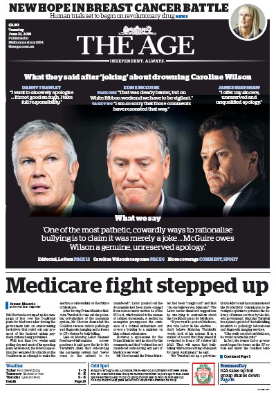 The Age (Australia) Newspaper Front Page for 21 June 2016