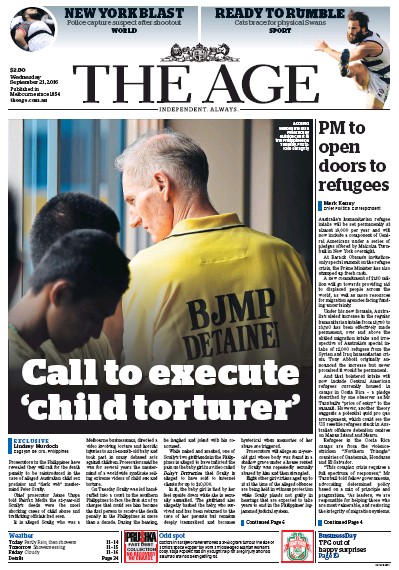 The Age (Australia) Newspaper Front Page for 21 September 2016