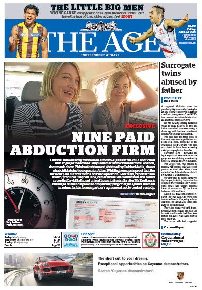 The Age (Australia) Newspaper Front Page for 22 April 2016
