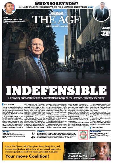 The Age (Australia) Newspaper Front Page for 22 June 2016