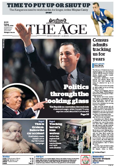 The Age (Australia) Newspaper Front Page for 22 July 2016