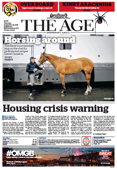 The Age (Australia) Newspaper Front Page for 22 September 2016