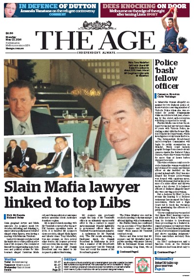 The Age (Australia) Newspaper Front Page for 23 May 2016