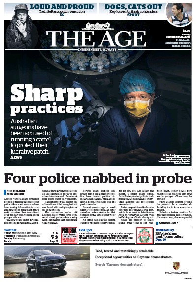 The Age (Australia) Newspaper Front Page for 23 September 2016