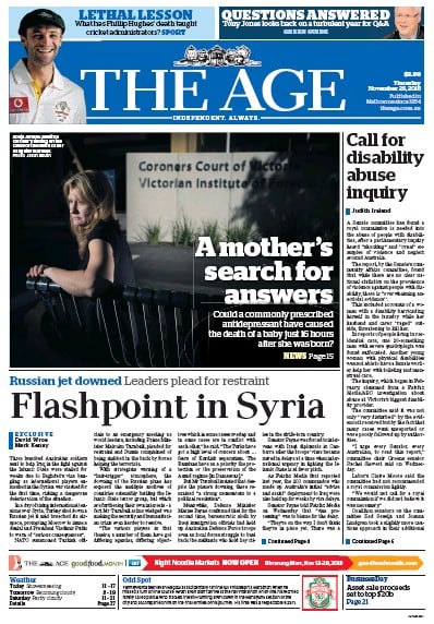 The Age (Australia) Newspaper Front Page for 26 November 2015