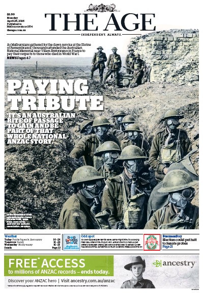 The Age (Australia) Newspaper Front Page for 26 April 2016