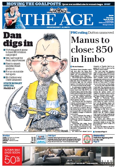 The Age (Australia) Newspaper Front Page for 28 April 2016
