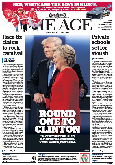 The Age (Australia) Newspaper Front Page for 28 September 2016