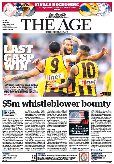 The Age (Australia) Newspaper Front Page for 29 August 2016