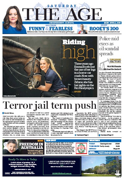 The Age (Australia) Newspaper Front Page for 2 April 2016