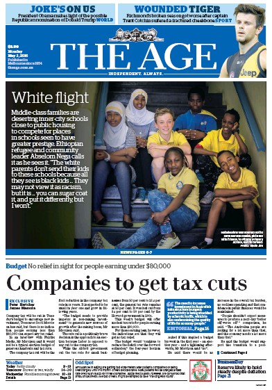 The Age (Australia) Newspaper Front Page for 2 May 2016