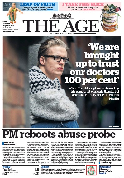 The Age (Australia) Newspaper Front Page for 2 August 2016