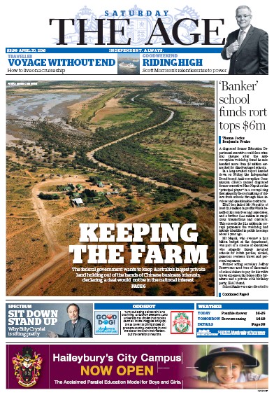 The Age (Australia) Newspaper Front Page for 30 April 2016