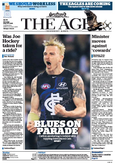 The Age (Australia) Newspaper Front Page for 30 May 2016