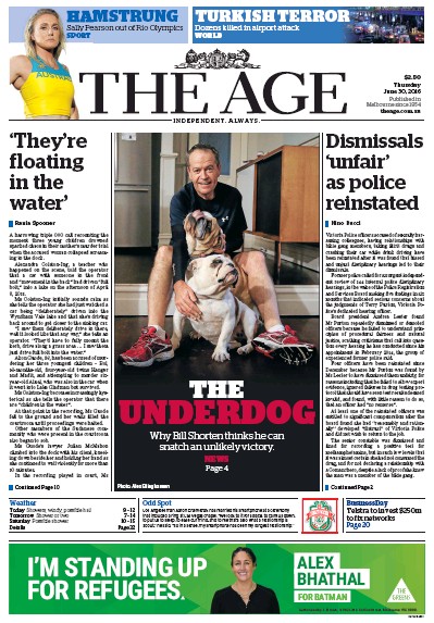 The Age (Australia) Newspaper Front Page for 30 June 2016