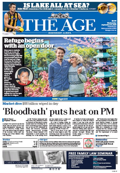 The Age (Australia) Newspaper Front Page for 30 September 2015