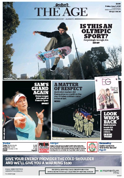 The Age (Australia) Newspaper Front Page for 3 June 2016