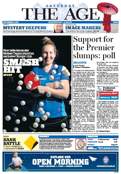 The Age (Australia) Newspaper Front Page for 3 September 2016