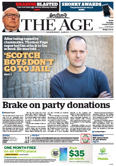 The Age (Australia) Newspaper Front Page for 6 October 2016