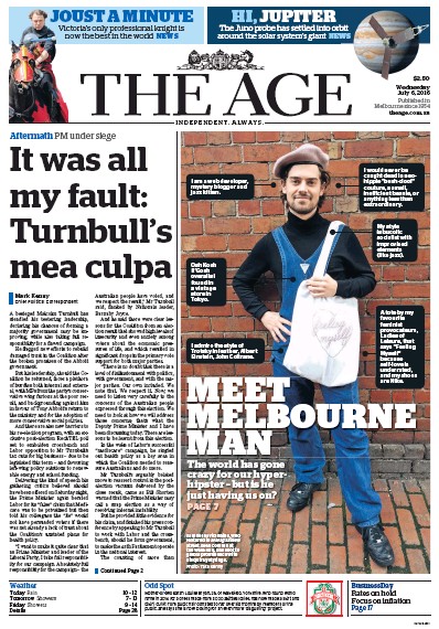 The Age (Australia) Newspaper Front Page for 6 July 2016
