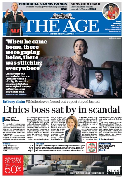 The Age (Australia) Newspaper Front Page for 7 April 2016