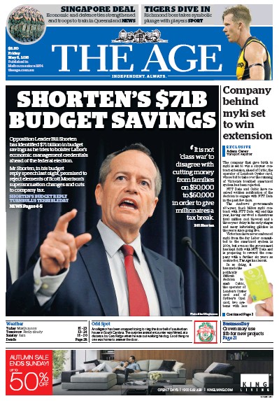 The Age (Australia) Newspaper Front Page for 7 May 2016