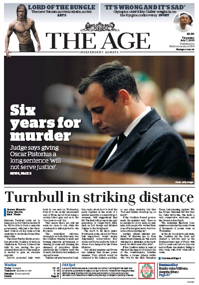 The Age (Australia) Newspaper Front Page for 7 July 2016