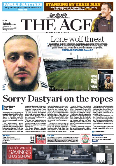 The Age (Australia) Newspaper Front Page for 7 September 2016