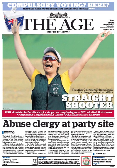 The Age (Australia) Newspaper Front Page for 9 August 2016