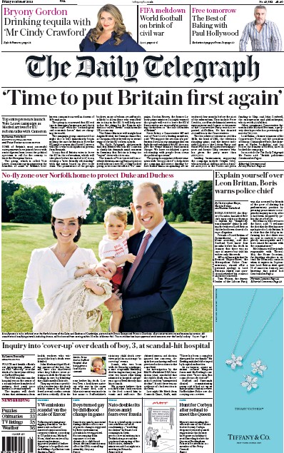 The Daily Telegraph (UK) Newspaper Front Page for 10 October 2015