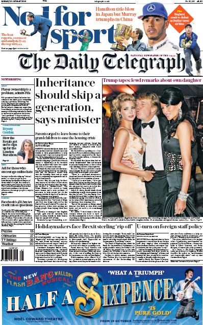 The Daily Telegraph Newspaper Front Page for 10 October 2016