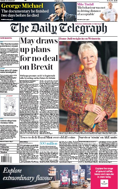 The Daily Telegraph (UK) Newspaper Front Page for 10 October 2017