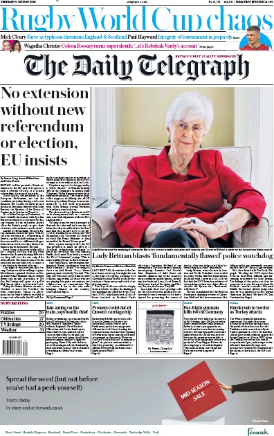The Daily Telegraph Newspaper Front Page for 10 October 2019