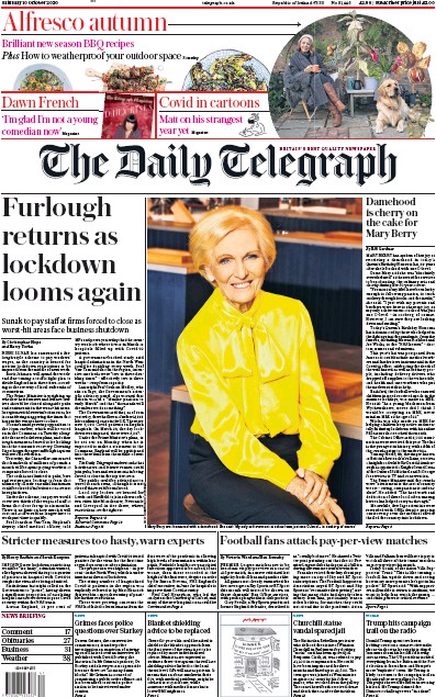 The Daily Telegraph Newspaper Front Page for 10 October 2020