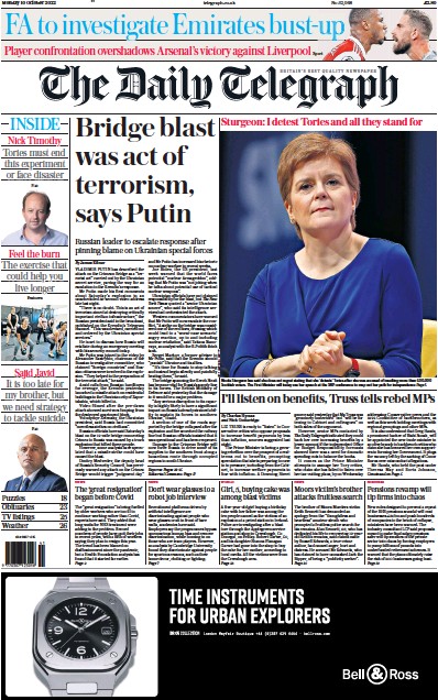 The Daily Telegraph Newspaper Front Page for 10 October 2022