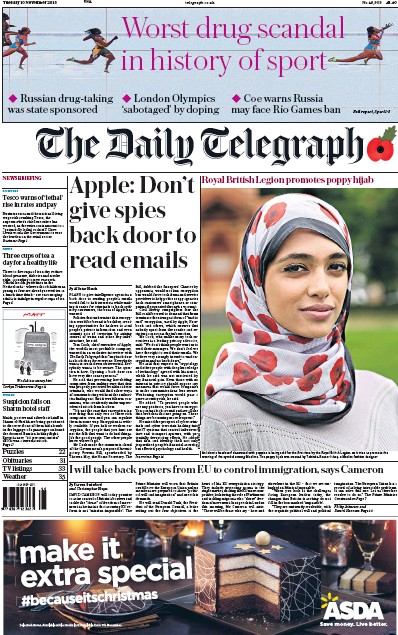 The Daily Telegraph Newspaper Front Page for 10 November 2015