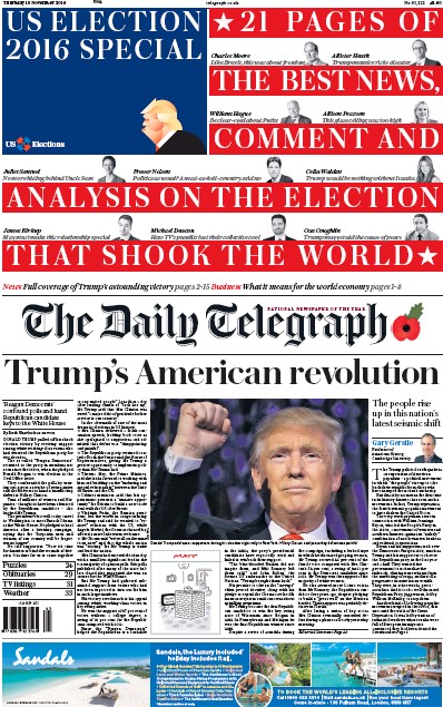The Daily Telegraph Newspaper Front Page for 10 November 2016
